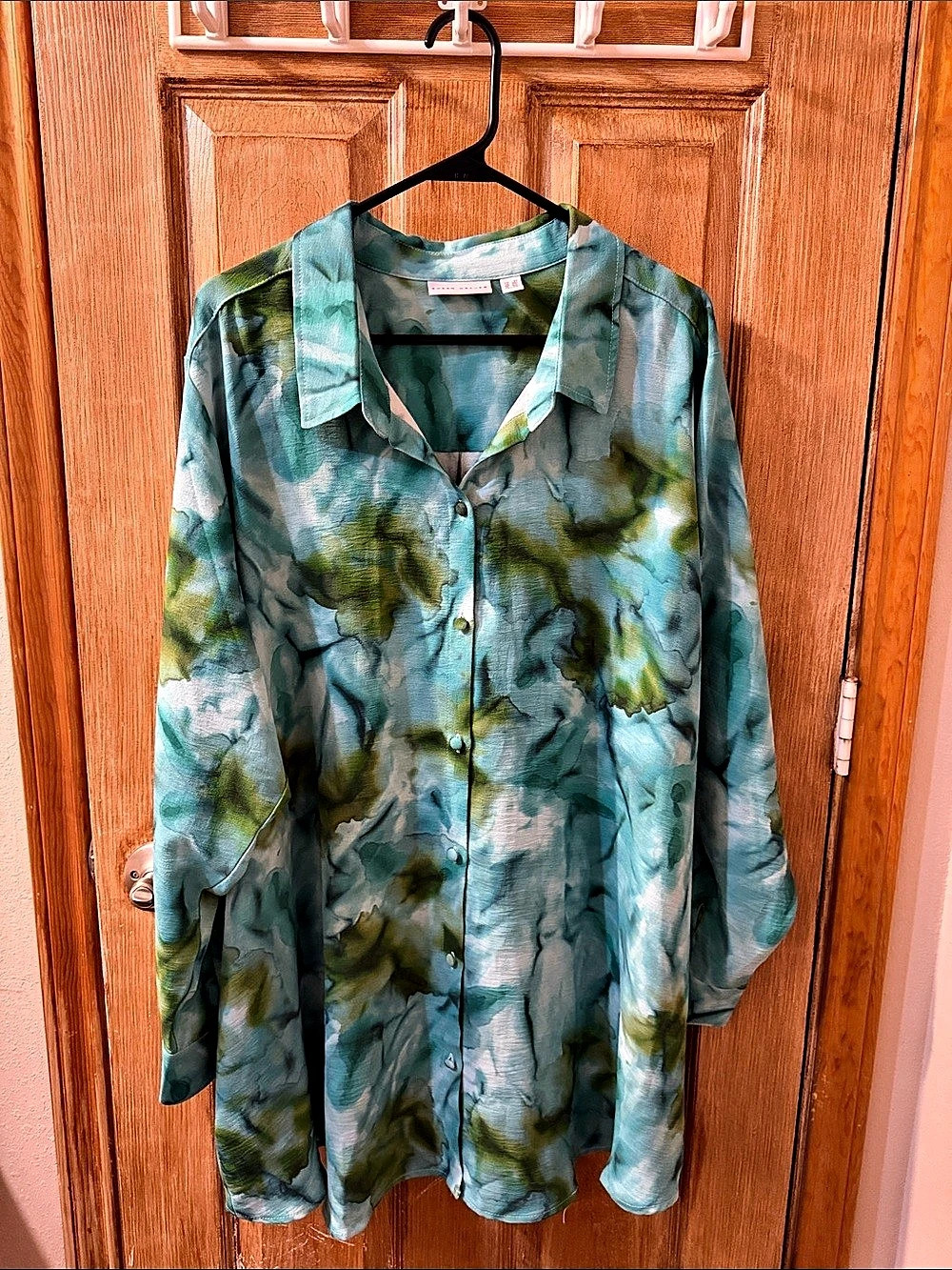 Susan Graver Abstract Button Down Blue & Green 2X